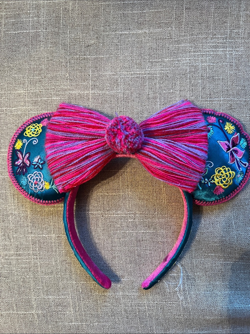 Disney Teal and Pink Embroidered Minnie Ear Headband with Yarn Bow